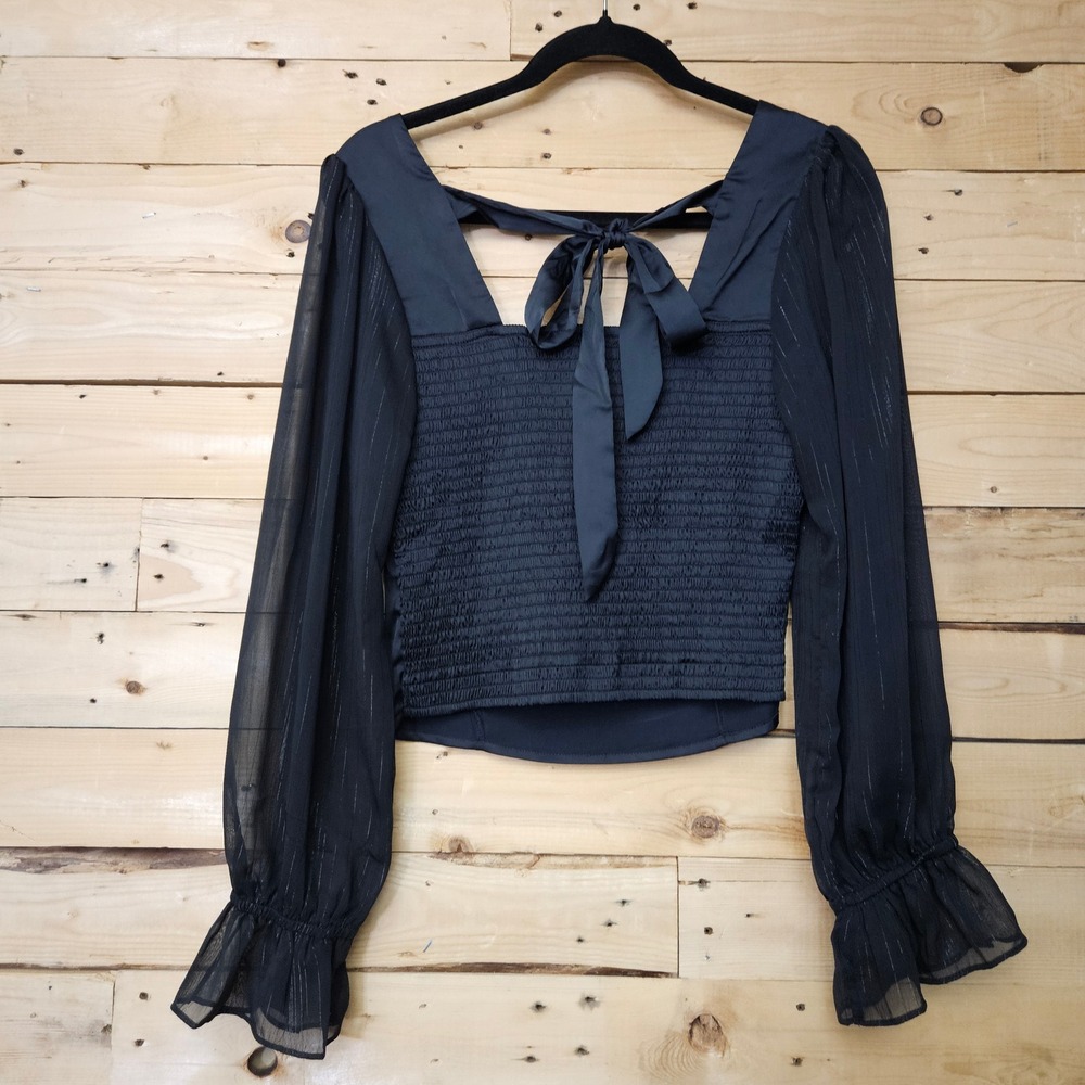 ee:some Black Sheer Balloon Sleeve Smocked Tie Back Crop Top M - Picture 3 of 8